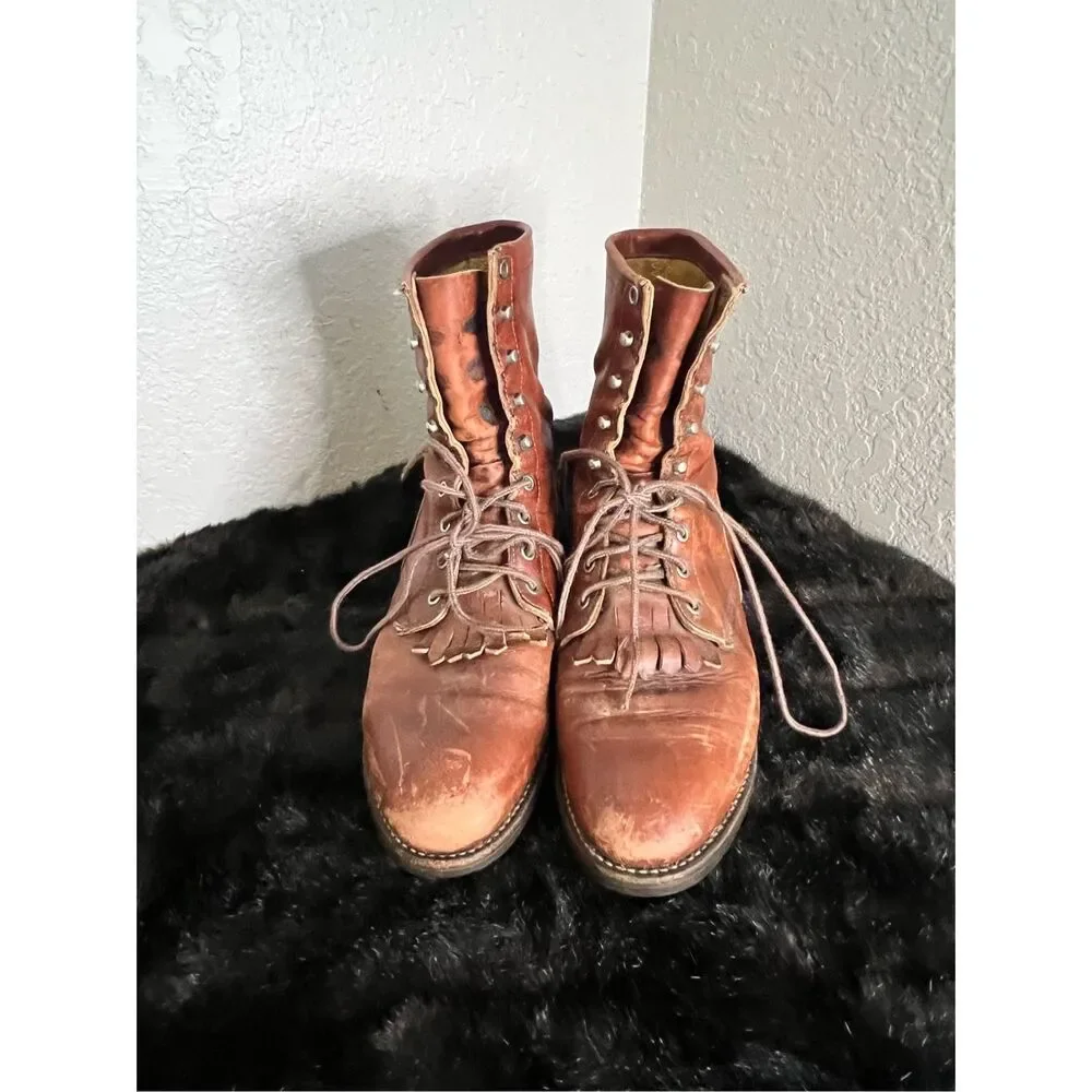 JUSTIN L0518 USA Packer Lace Up Western Brown Leather Boots Size 10 D - Picture 2 of 9